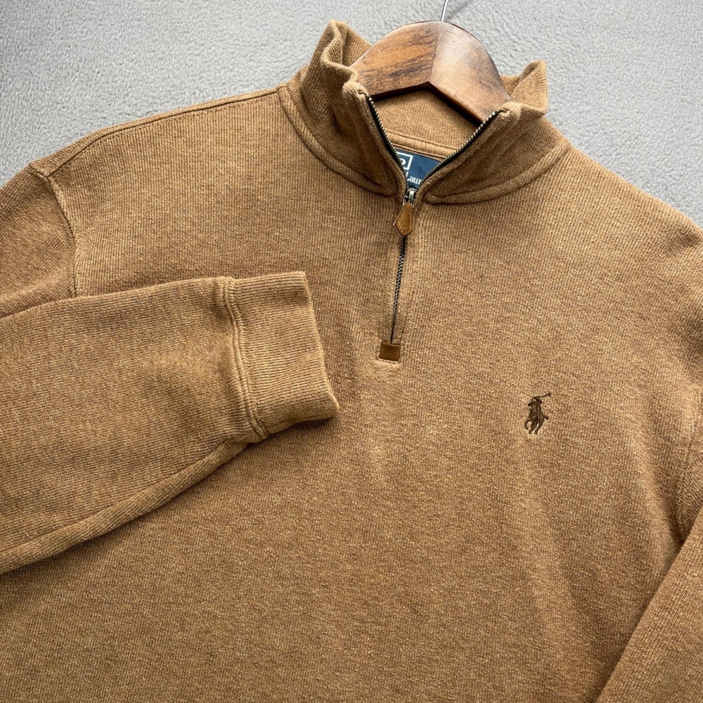 Polo Ralph Lauren Quarter Zip Sweater Mens XL Brown Cotton Knit Pullover Logo